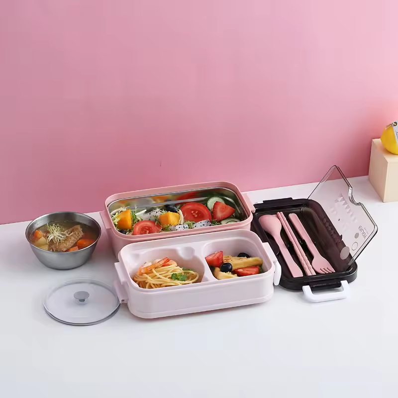 convenient Double layer lunch box with stainless steel innner and soup bowl