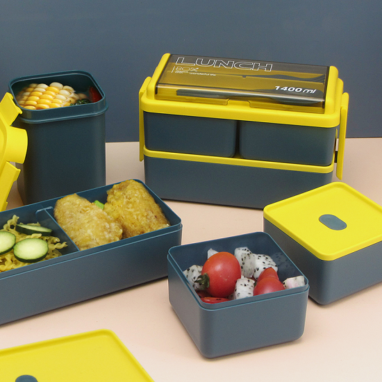 Afforable 1950ML Double layered 4 grids Lunch Box+ Soup Cup set