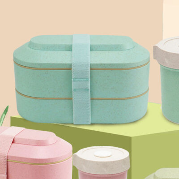 stylish Wheat Straw Bento Box+Round Soup Cup+Storage Bag