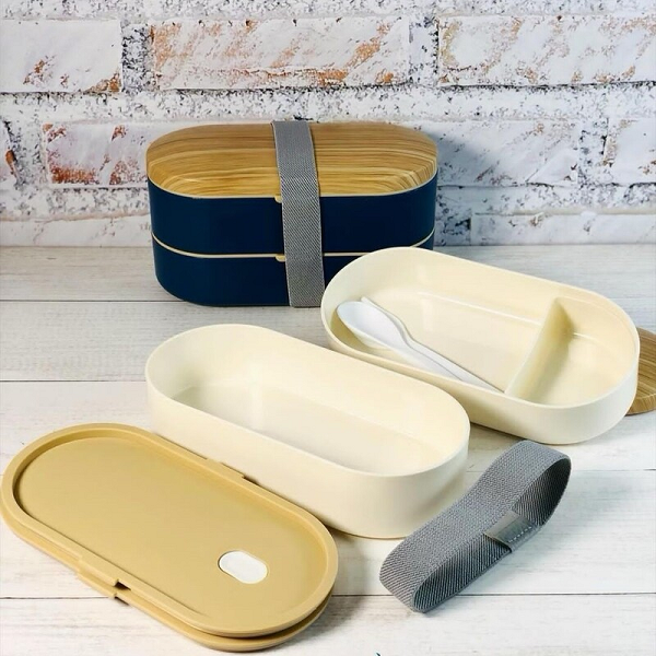 BPA free 800ML Wooden grain Double-layer Strap Lunch Box