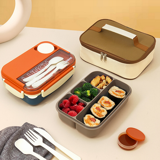 big size 1300ML Contrast color single-layer 4 grids lunch box+soup cup+insulation bag
