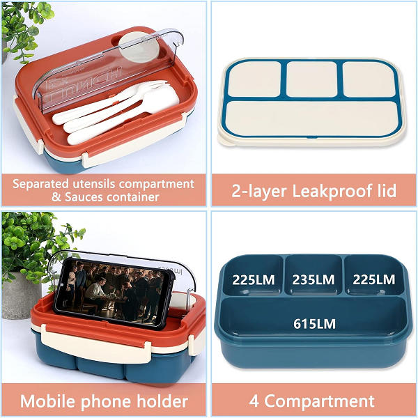 stylish 1.3L Contrast color single-layer 4 grids lunch box+insulation bag