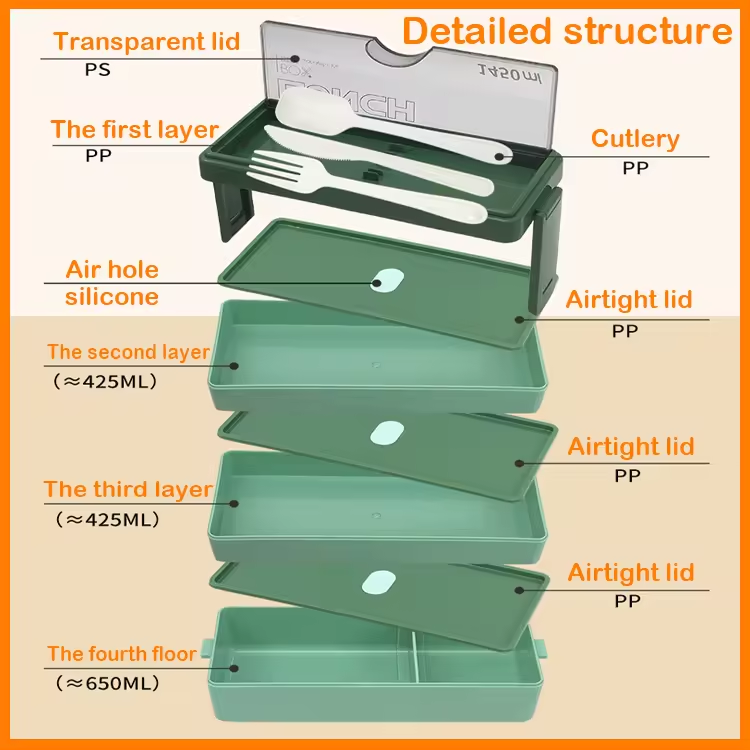 recycled 3 layered 1450ML lunch box+insulated bag