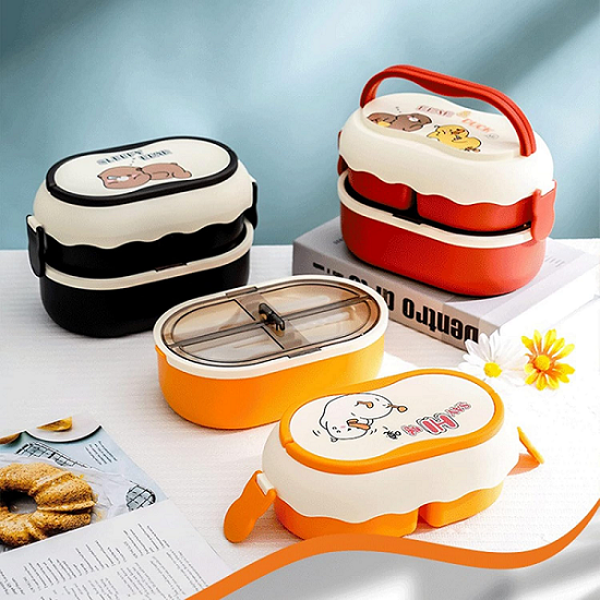 reusable Antibacterial cartoon stainless steel double layer lunch box