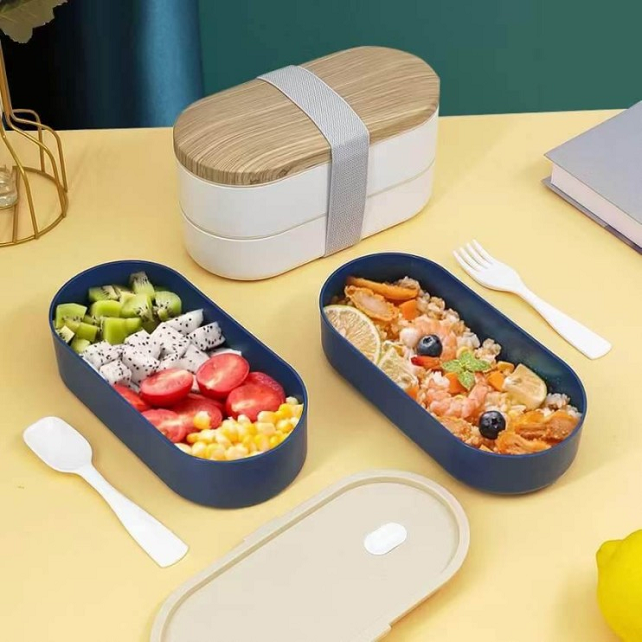 premium 800ML Wooden grain Double-layer Strap Lunch Box