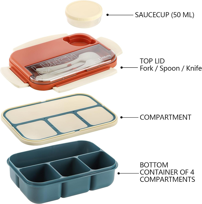 trendy 1.3L Contrast color single-layer 4 grids lunch box+insulation bag