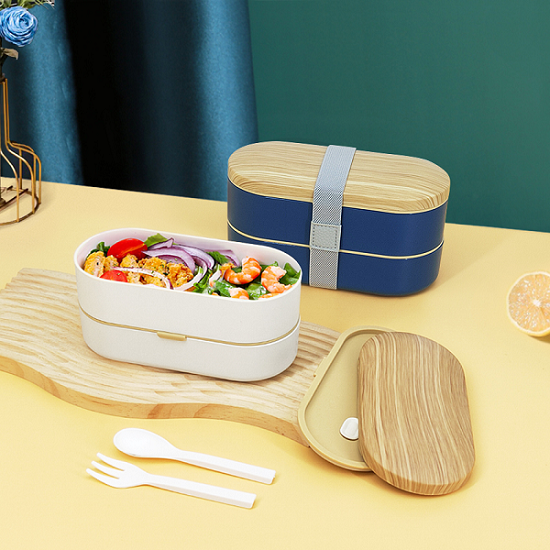 High-end 800ML Wooden grain Double-layer Strap Lunch Box