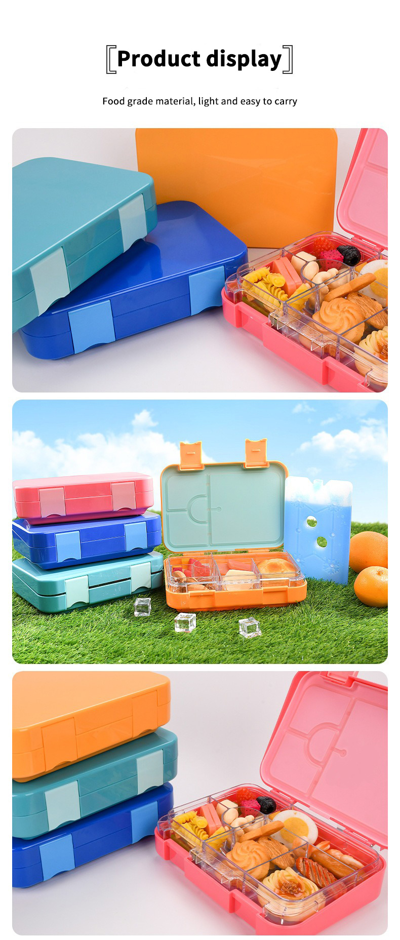 Easy clean 4 compartment bento box with ice pack kids school