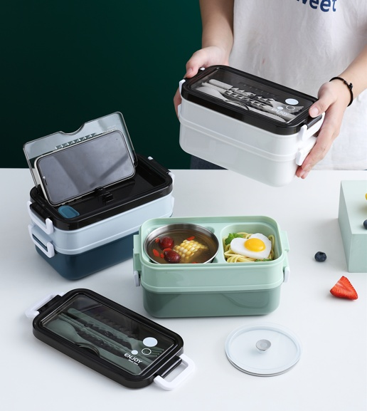 Double layer lunch box with stainless steel innner and soup bowl for travel