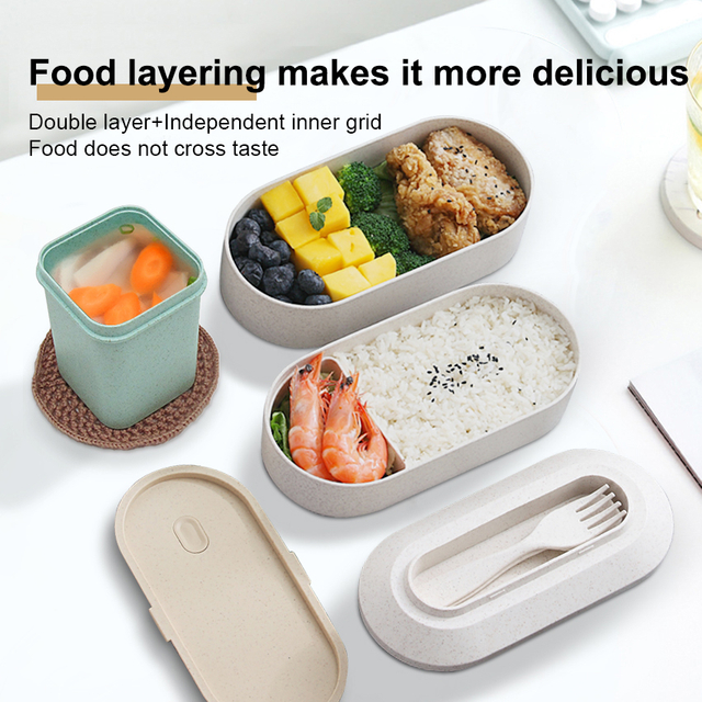 Unique Wheat Straw Lunch Box +Square Soup Cup Set