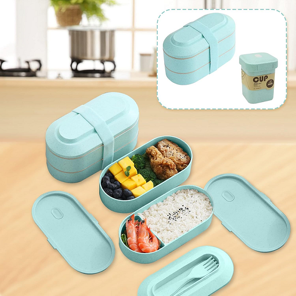 safe Wheat Straw Lunch Box +Square Soup Cup Set