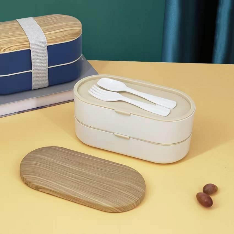 high value 800ML Wooden grain Double-layer Strap Lunch Box