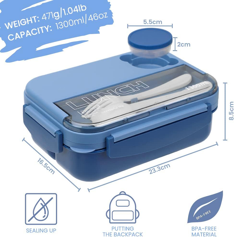 long-lasting 1.3L Contrast color single-layer 4 grids lunch box+insulation bag