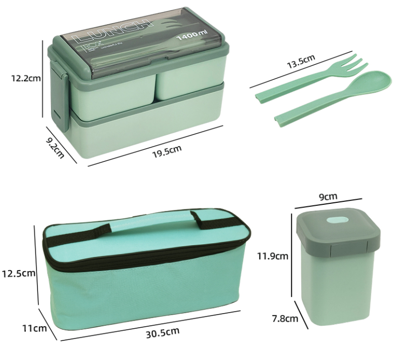 Cute 1950ML Double layered 4 grids lunch box soup cup set