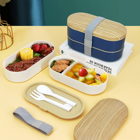 800ML Wooden Grain Double-layer Strap Lunch Box