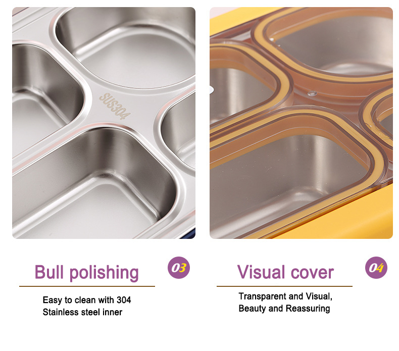 Visual cover 304 stainless steel 4 grids kids lunch box