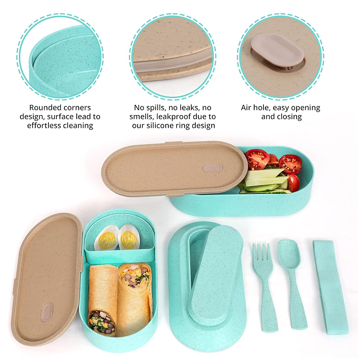 harmless Wheat straw Double layered tied strap lunch box