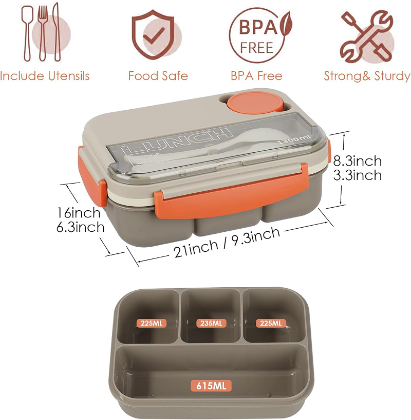 sustainable 1300ML Contrast color single-layer 4 grids lunch box+soup cup+insulation bag
