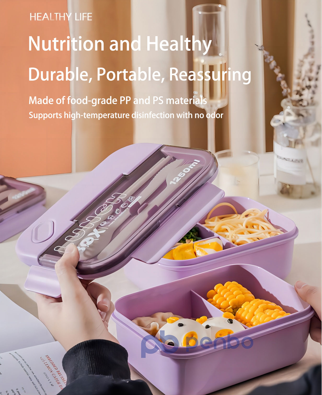 popular 3 compartments Lunch Box with tableware