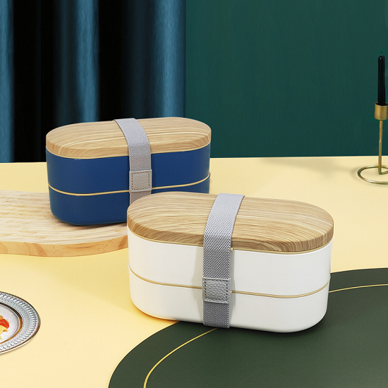 Memorable 800ML Wooden grain Double-layer Strap Lunch Box