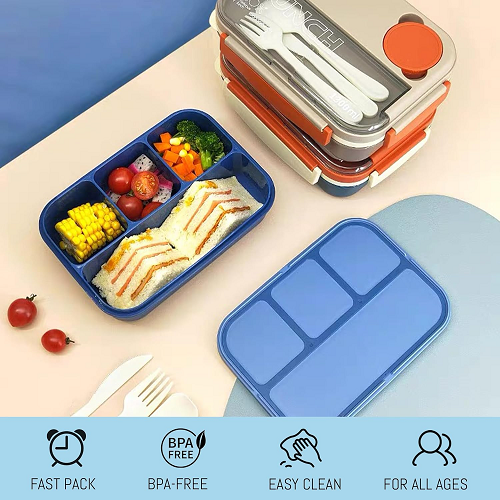 Eco-friendly Contrast color single-layer 4 grids 1.3L lunch box