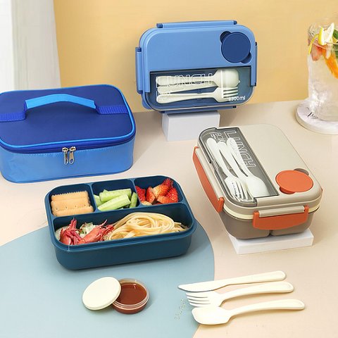 1.3L Contrast Color Single-layer 4 Grids Lunch Box+insulation Bag