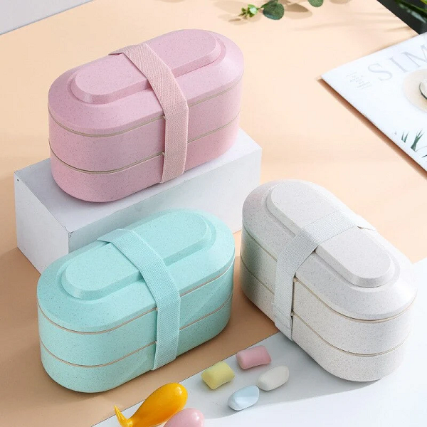 wonderful Wheat straw Double layered tied strap lunch box