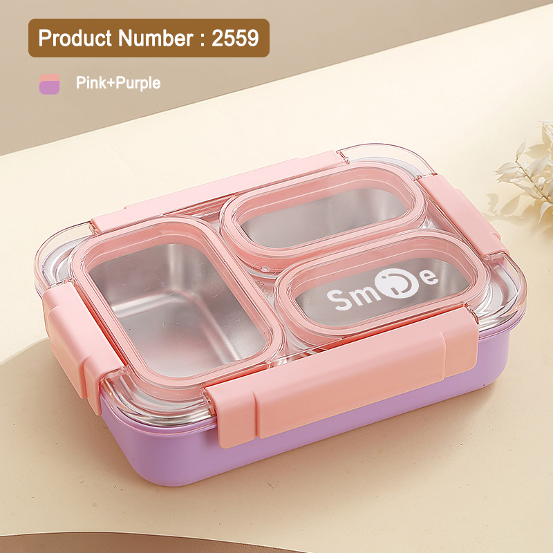 304 stainless steel 3 grids pink&purple lunch box for children