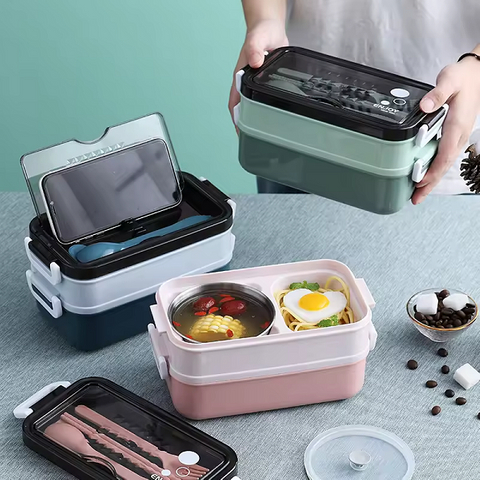 Double layer lunch box with stainless steel inner and soup bowl