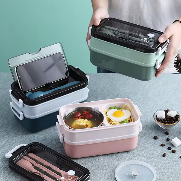 Double layer lunch box with stainless steel inner and soup bowl